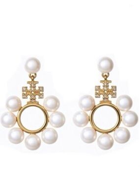 TORY BURCH KIRA PAVÉ LOGO MULTI PEARL DROP EARRINGS